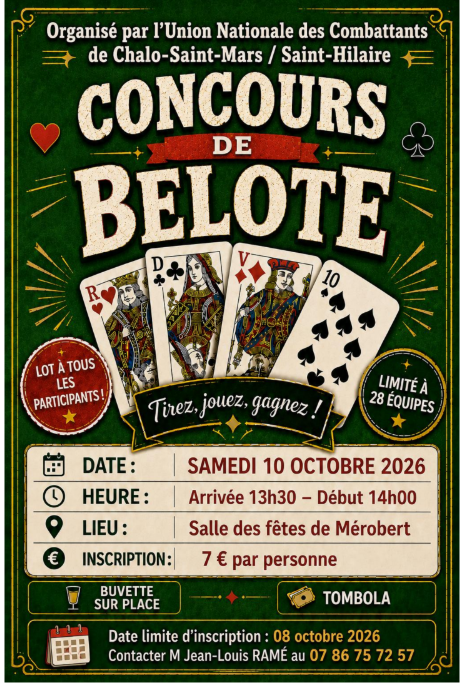 Concours de belote le 10 octobre - Inscrivez vous avant le 08 octobre ouverture à 13h30